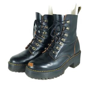 Dr Martens Women’s Leona US7 Black Leather Chunky Heel Platform Combat Boots